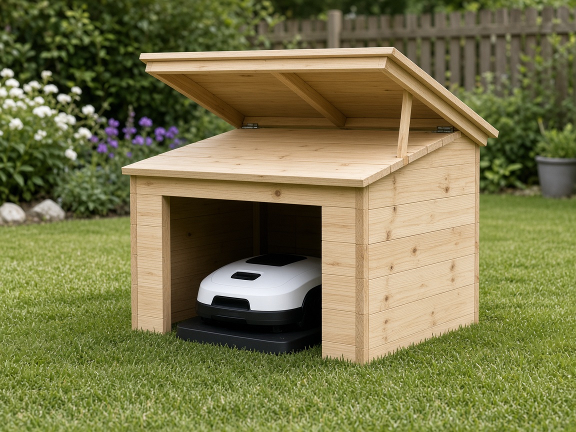 Garage en bois clair pour robot tondeuse avec toit relevable ouvert, robot blanc garé sur sa station à l’intérieur, sur une pelouse