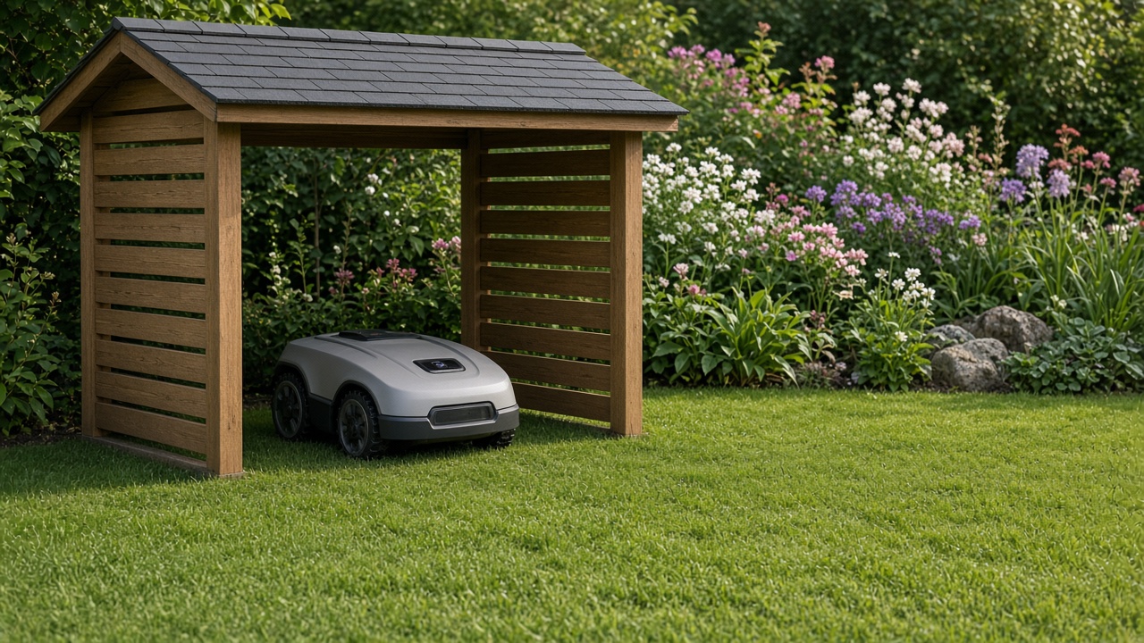 Robot tondeuse gris garé sous un abri en bois au toit d’ardoise, au bord d’une pelouse entourée de massifs fleuris