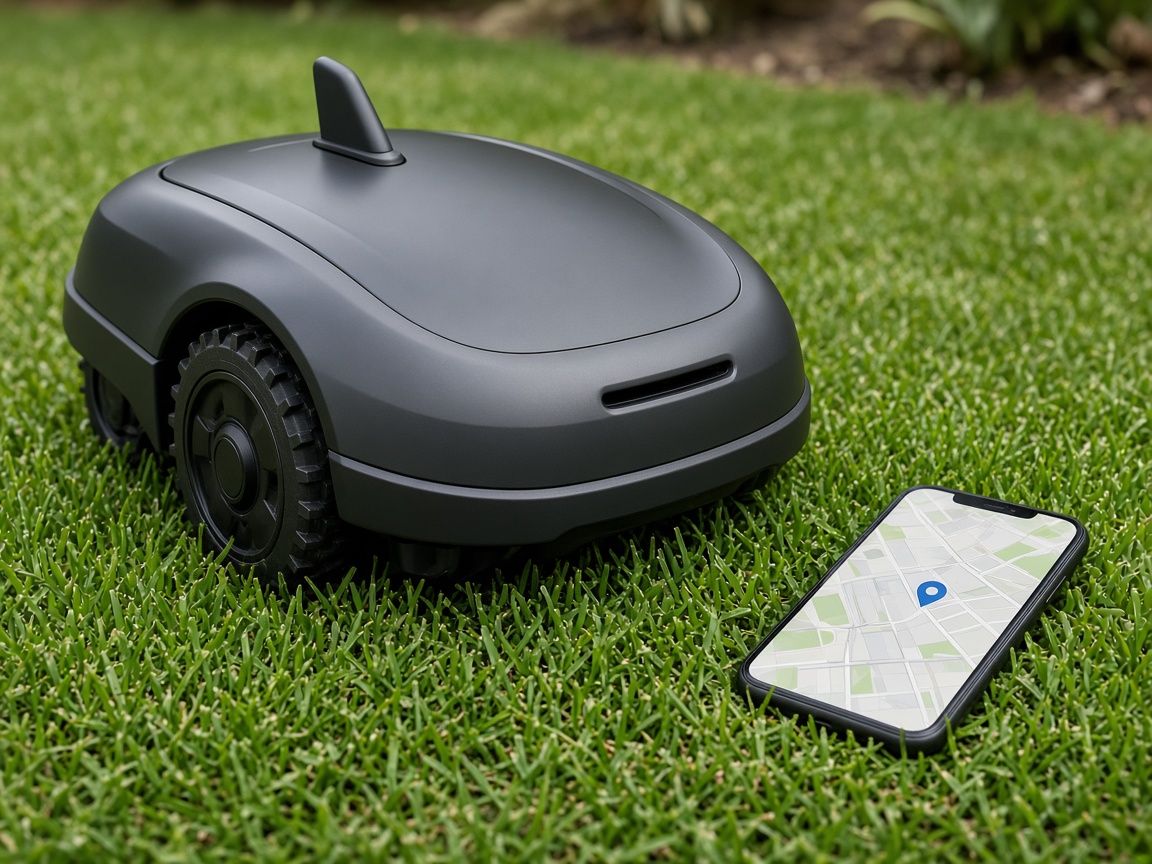 Robot tondeuse gris foncé avec antenne GPS sur la pelouse, smartphone à côté affichant sa position sur une carte