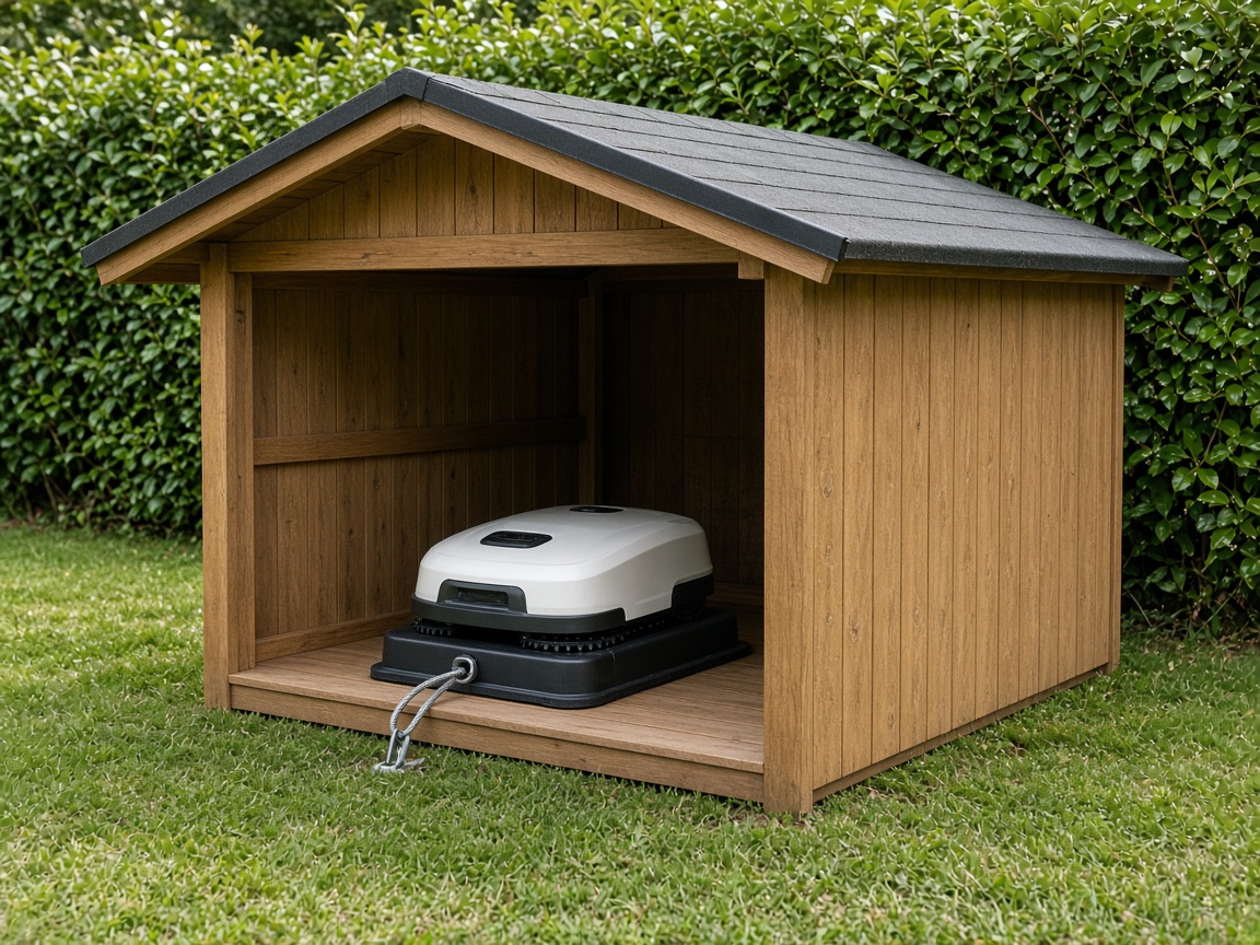 Abri en bois avec toit pour robot tondeuse au bord de la pelouse, robot blanc garé sur sa station et attaché par un câble antivol