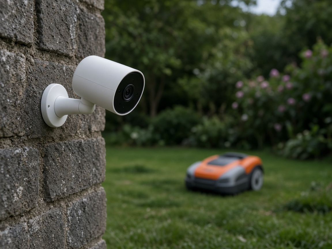 Caméra de surveillance extérieure blanche fixée sur un mur en pierre, filmant un robot tondeuse orange sur la pelouse