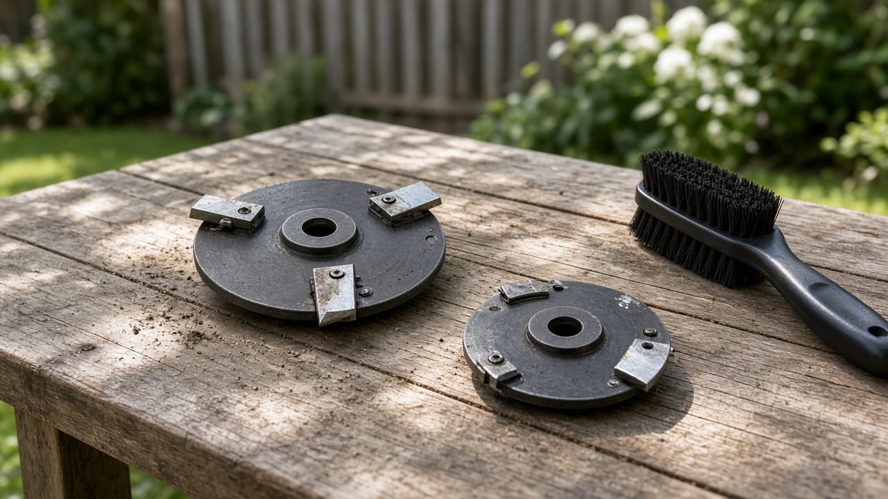 Lames de rechange et robot tondeuse sur établi de jardin