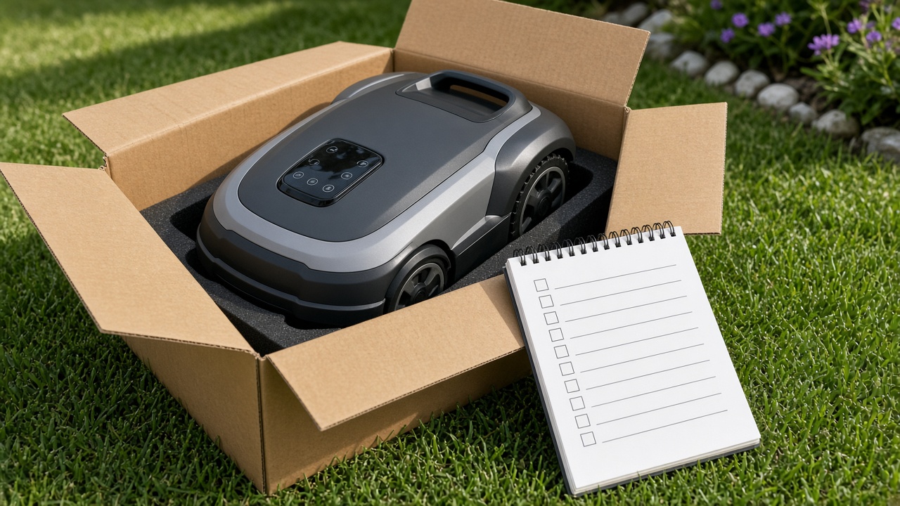 Checklist et robot tondeuse dans un carton d'ouverture