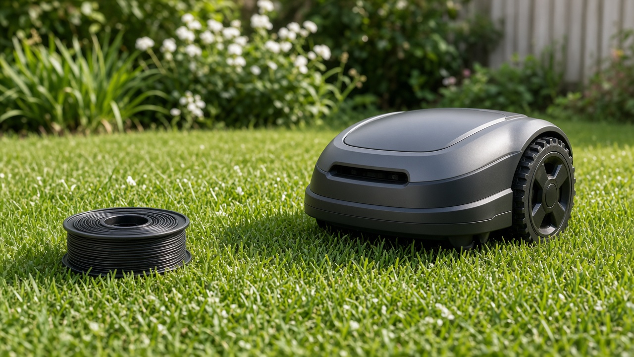 Robot tondeuse GPS et bobine de fil périphérique sur pelouse
