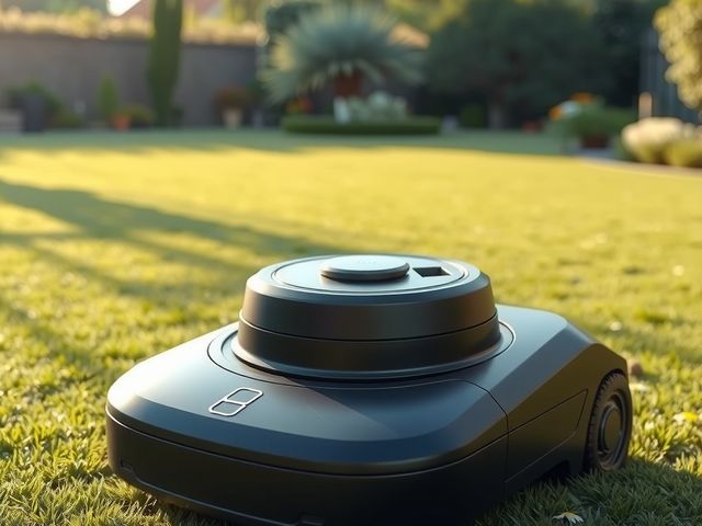 Robot tondeuse GPS gris foncé avec antenne sur une grande pelouse au soleil du matin