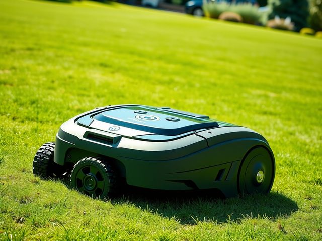 Robot tondeuse à grosses roues tout-terrain sur la pente d’un grand jardin