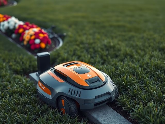 Robot tondeuse orange et gris dans sa station de charge au bord d’une grande pelouse fleurie