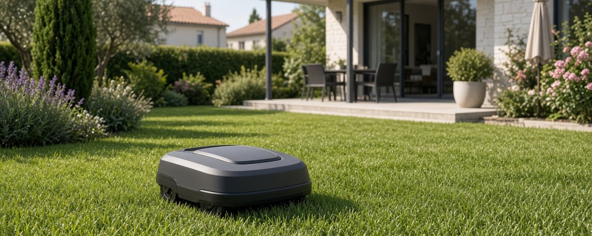 Robot tondeuse sur une pelouse bien entretenue