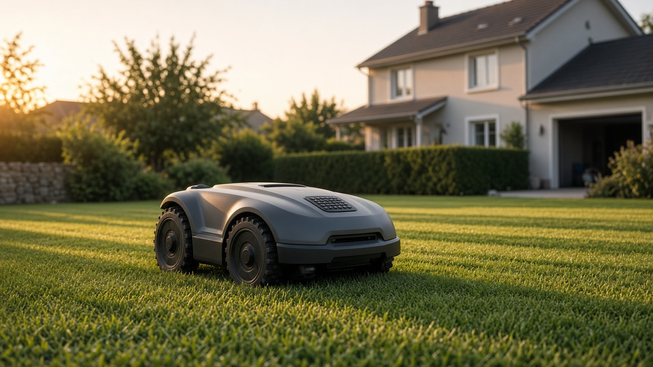 Robot tondeuse gris sur une pelouse rayée devant une maison au coucher du soleil, bien visible depuis la rue