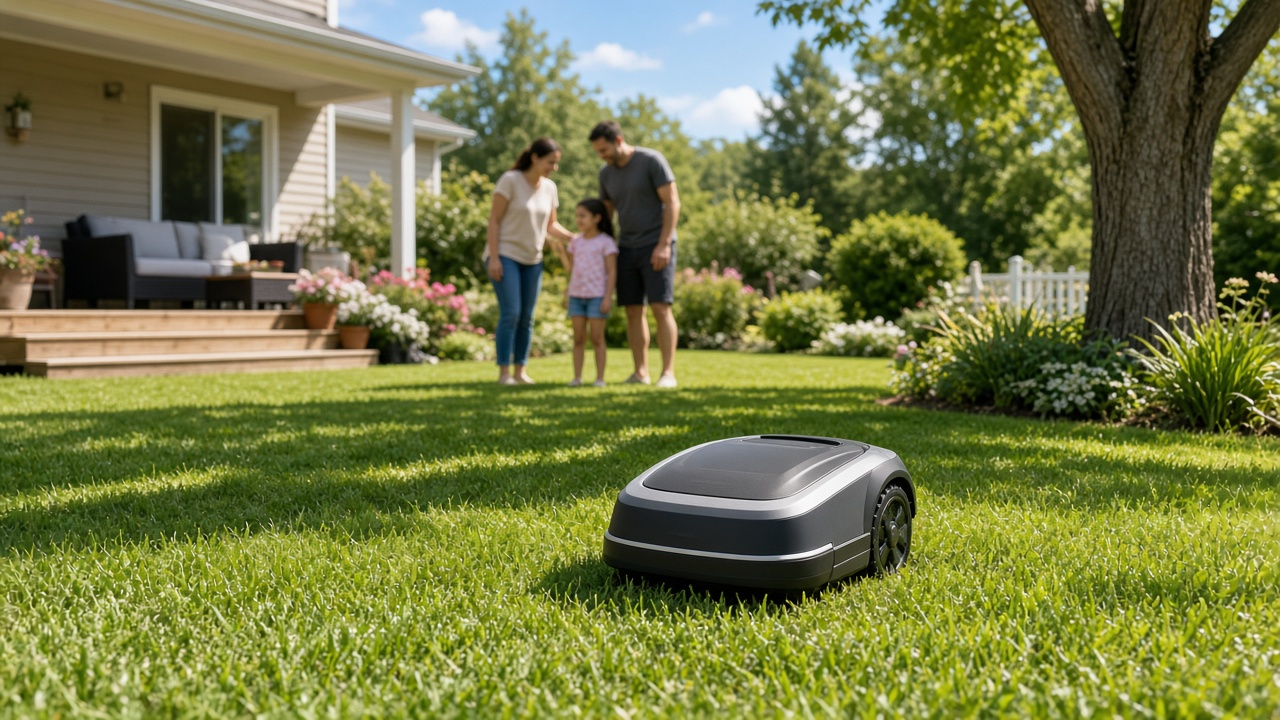 Robot tondeuse abordable sur pelouse de jardin familial