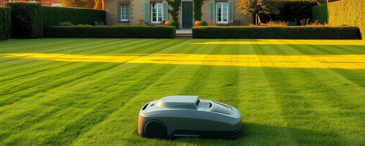 Robot tondeuse sur une très grande pelouse rayée devant une maison en pierre