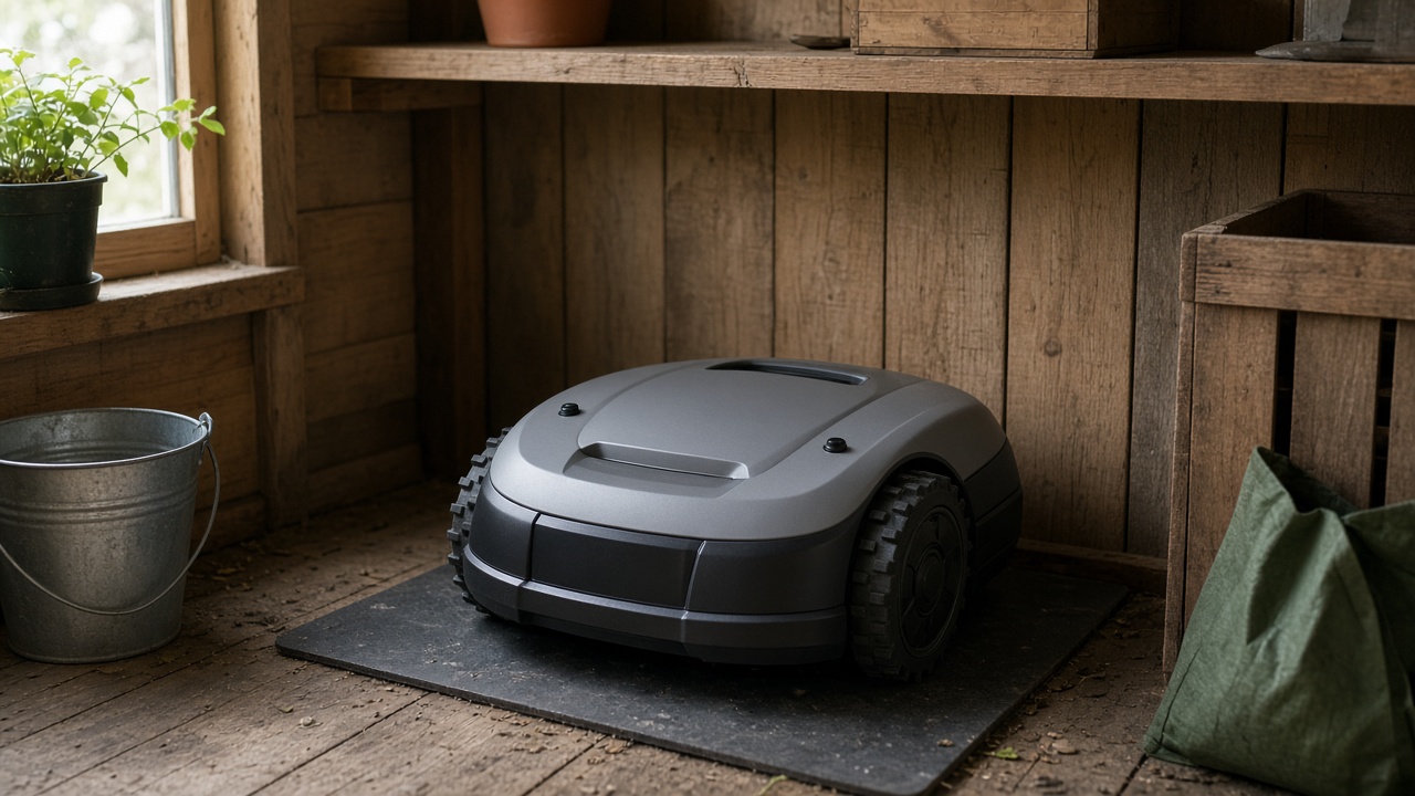 Robot tondeuse stocké au sec dans un abri de jardin