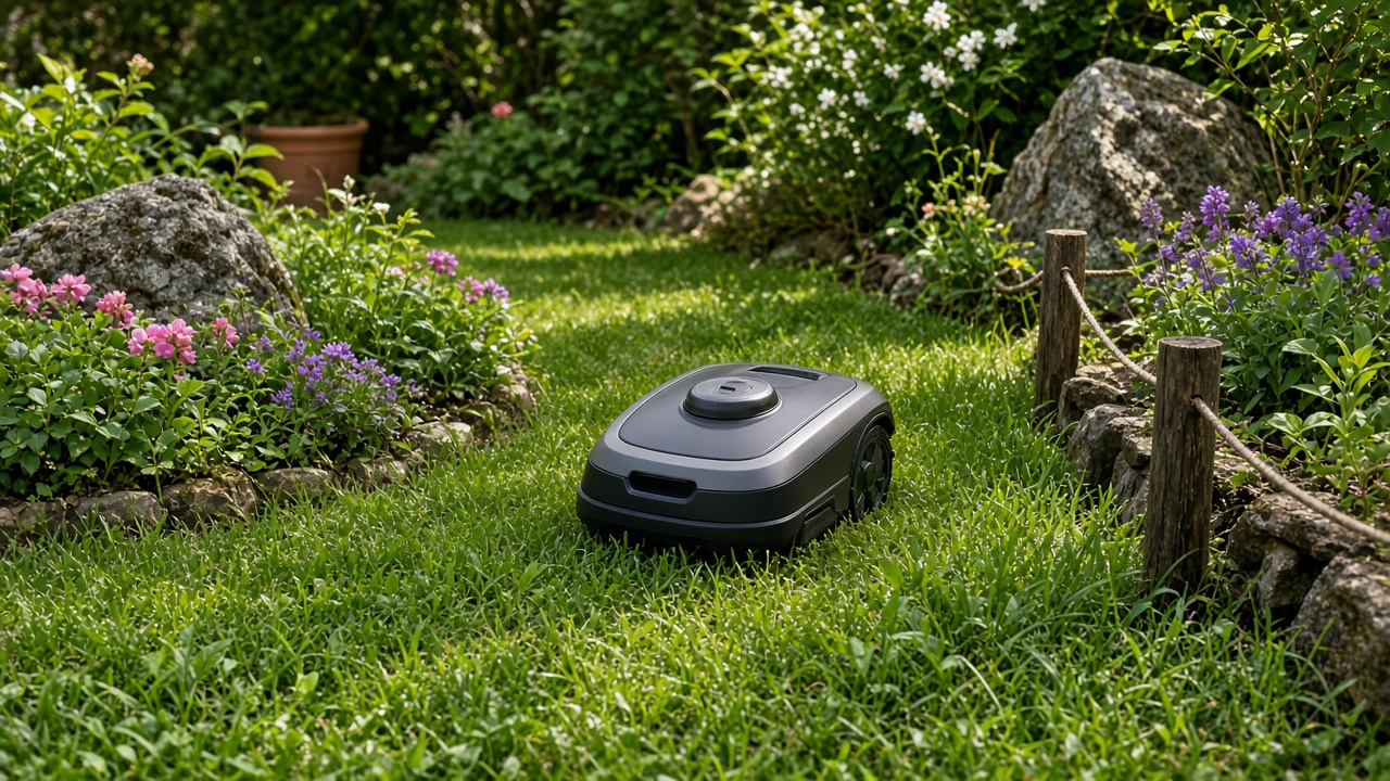 Jardin avec massifs et robot tondeuse contournant un obstacle
