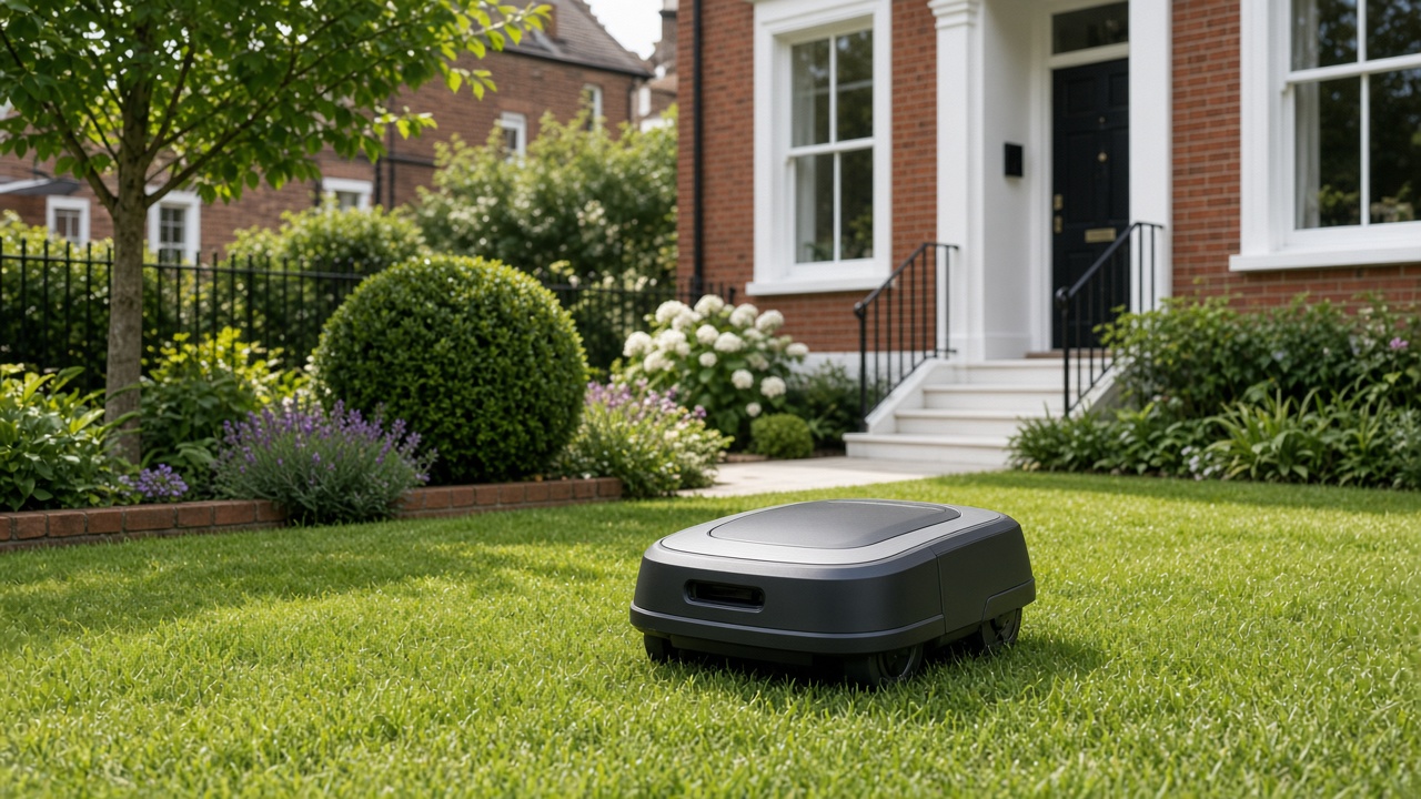 Petit robot tondeuse sur une pelouse de maison de ville