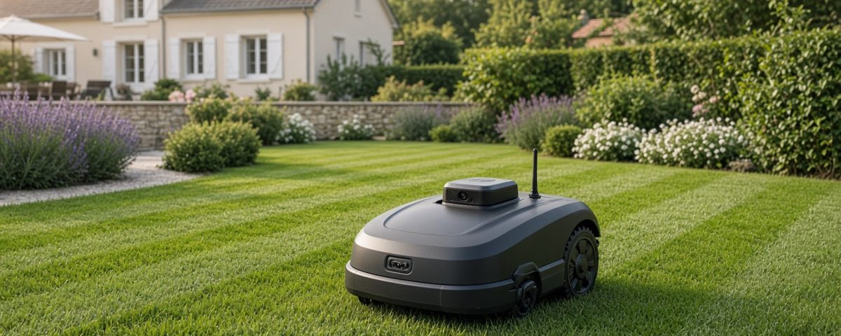 Robot tondeuse sans fil périphérique avec caméra et antenne sur une pelouse rayée devant une maison