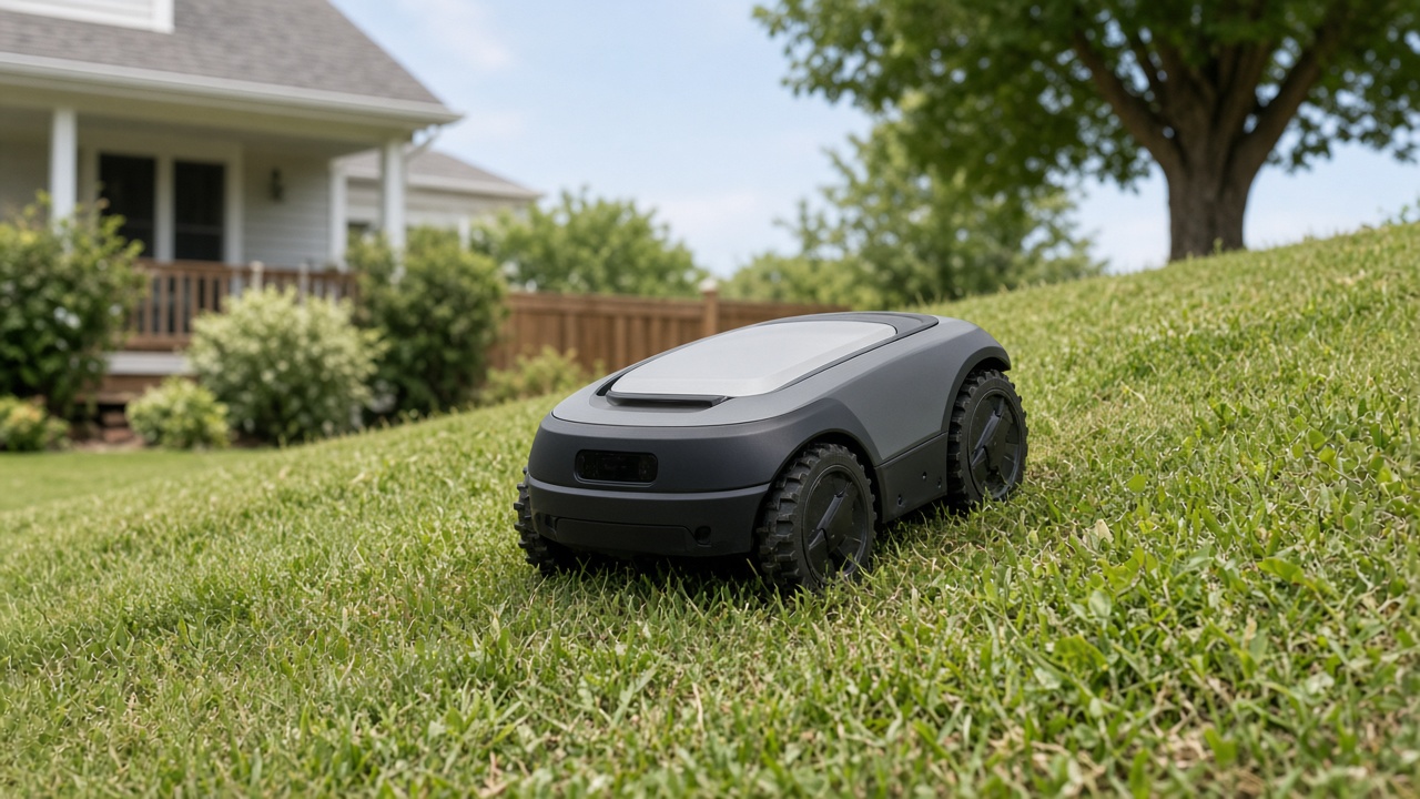 Robot tondeuse sur une pelouse en pente douce