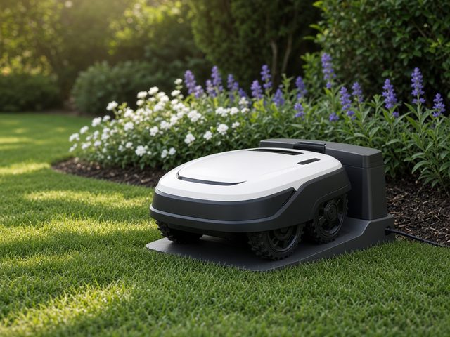 Robot tondeuse blanc et gris foncé garé sur sa station de charge au bord d’une pelouse fleurie