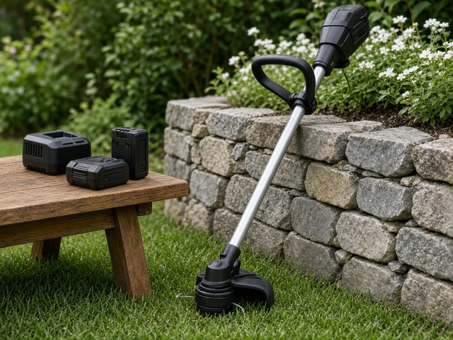 Coupe-bordure sans fil appuyé contre un muret en pierre au bord de la pelouse, batteries et chargeur posés sur un banc en bois