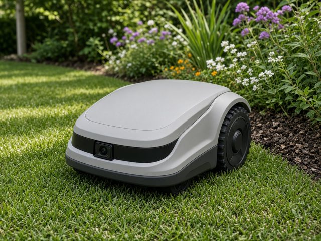 Robot tondeuse compact gris clair avec caméra frontale sur une petite pelouse au bord d’un massif fleuri