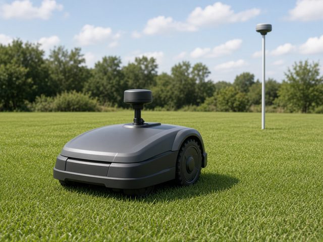 Robot tondeuse gris foncé avec antenne GPS RTK sur une pelouse dégagée, antenne de référence au fond