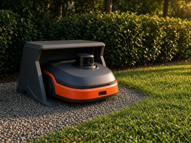 Robot tondeuse orange et gris à caméra garé dans sa station de charge abritée au bord d’une pelouse près d’une haie